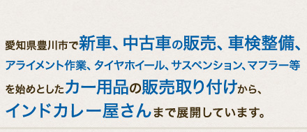 愛知県豊川市で、新車、中古車の販売、車検整備、アライメント作業、タイヤホイール、サスペンション、マフラー等を始めとしたカー用品の販売取り付けから、インドカレー屋さんまで展開しています。 